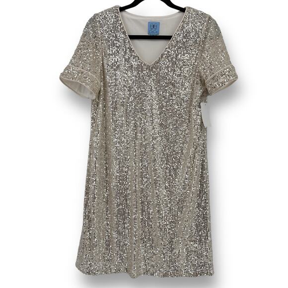 Cece Sequin V-Neck Cocktail Dress Womens Size XS Champagne Color Short Sleeves - Picture 1 of 7